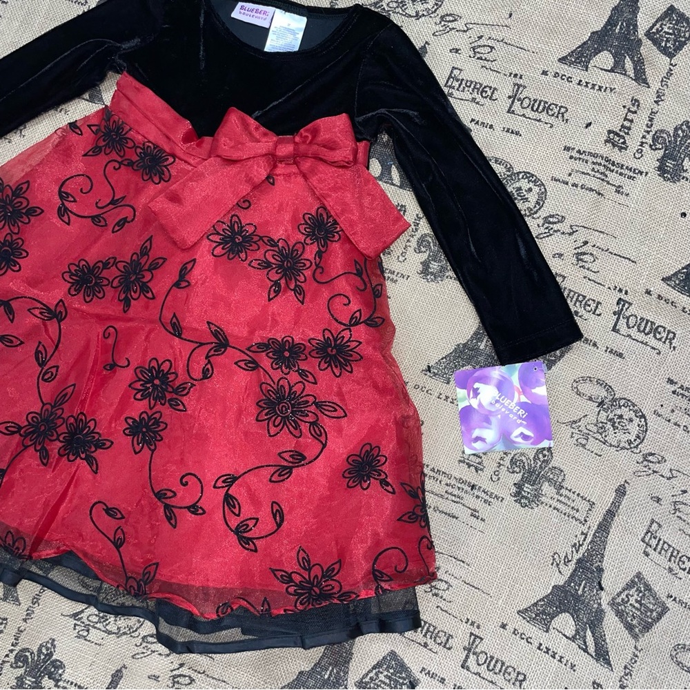 Blueberi Boulevard NWT! Black/Red Floral Lace Long Sleeve Princess Dress Size 3T - Picture 3 of 8